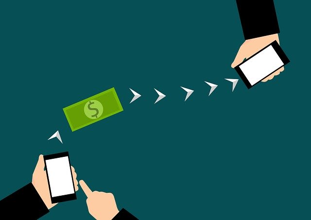 Illustration of money being transferred using a mobile app.