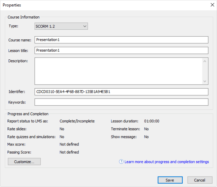 Customizing a SCORM course options