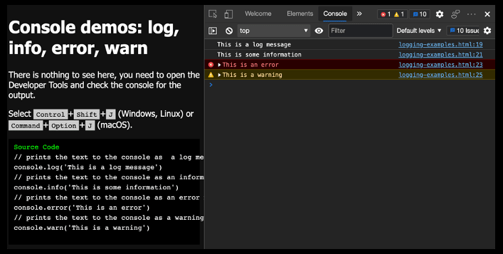 Examples of warn, info and error messages and how they are displayed in the console