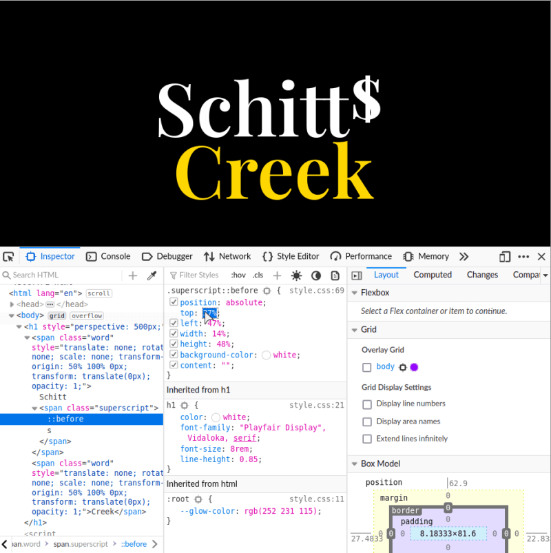 finding right values for the dimension and position properties for the superscript S in browser devtools