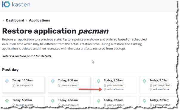 Kasten - Applications - Restore Application - select restore point