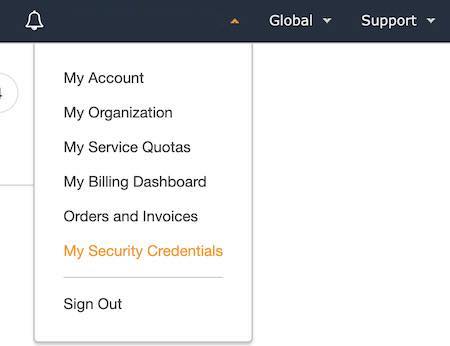 Menu on the top-right side of the AWS console