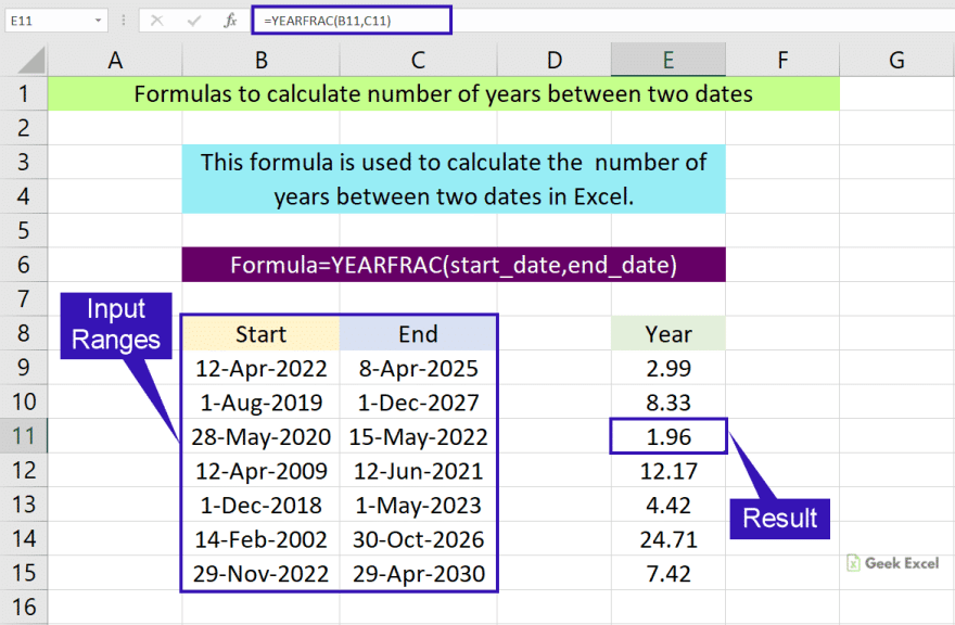 Calculate number of years between two dates