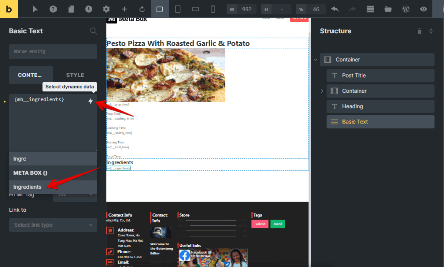 Add a Basic Text element and then choose the wanted field to get the data from