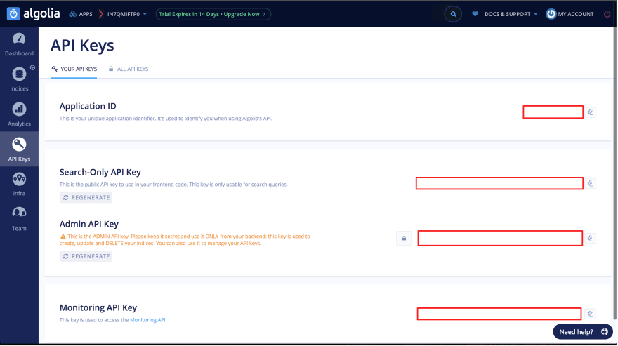 Les différentes clés d’API d’Algolia