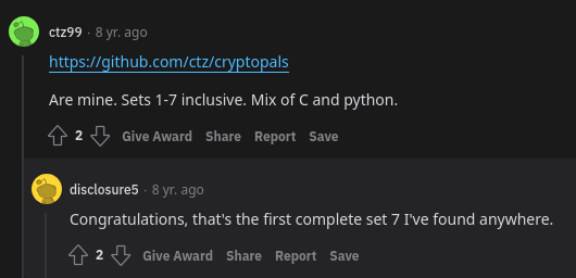 Cryptopals set 7 Reddit thread