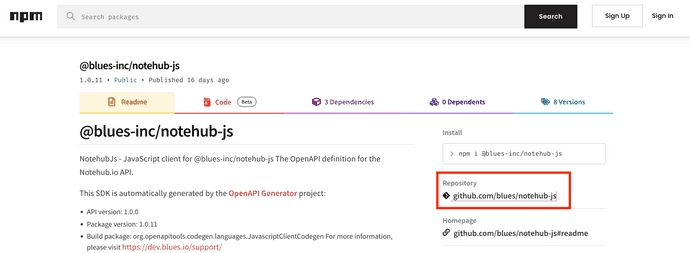 Notehub JS npm page highlighting repository link on the page