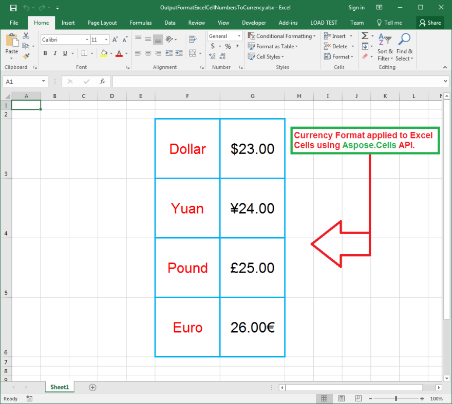 Currency formats applied on Excel cells using Aspose.Cells API.