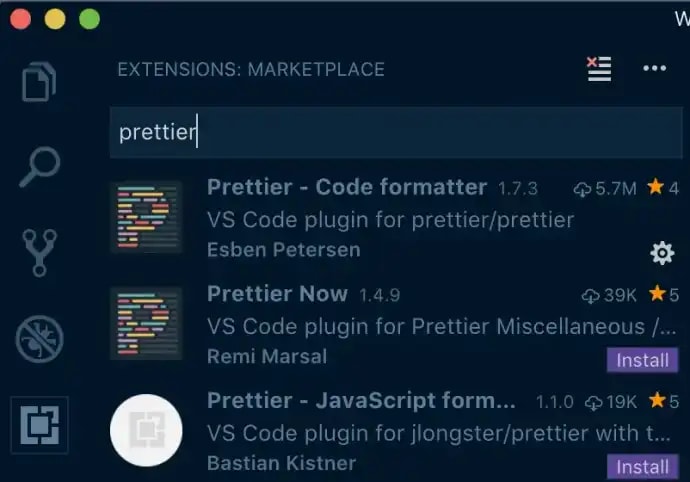 Prettier extension in VS Code