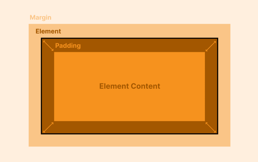 Diagram illustrating how paddings and margins relate to a HTML element. 