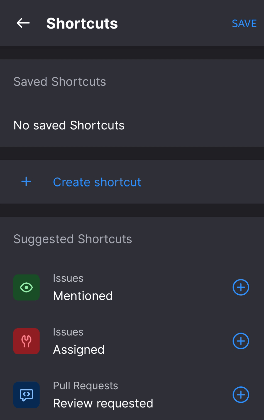 Shortcuts screen