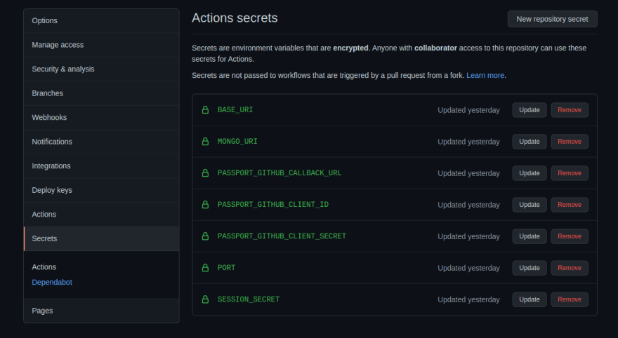 GitHub repository / Settings / Secrets