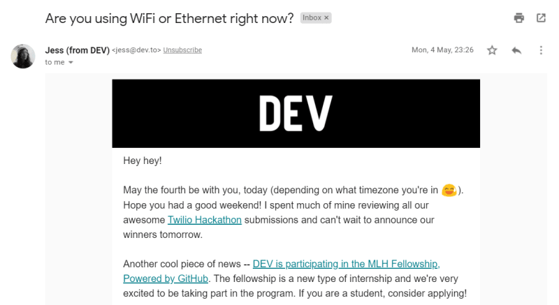 DEV newsletter: "Are you using WiFi or Ethernet right now?"