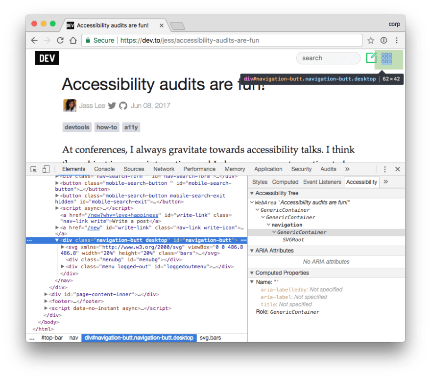 Chrome Dev tools Accessibility inspector showing a button that isn't a button