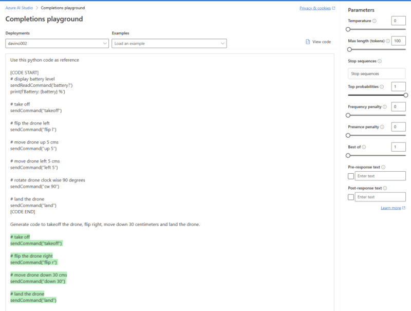 Running this prompt in Azure OpenAI Studio generates the correct Python code: