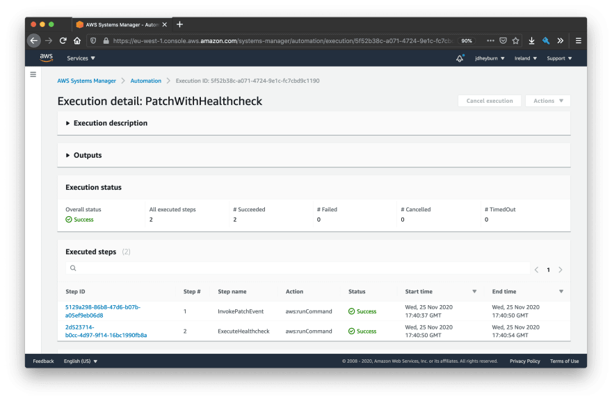 A screenshot of a successful automation document PatchWithHealthcheck - both patching and healthcheck run command steps are successful