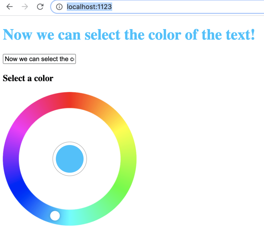 A browser window open with our web app. Now, we are displaying the message "now we can select the color of the text!", and the text is in Golang blue, since we hooked the ColorPicker component up to the radial color picker's input event