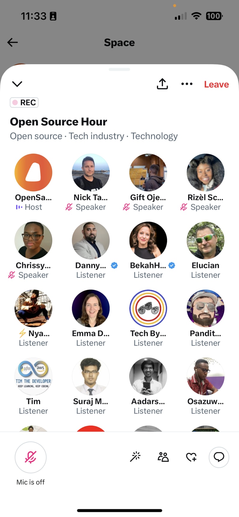 OpenSauced's Open Source Hour Twitter Space displaying speakers and listeners on the iOS app