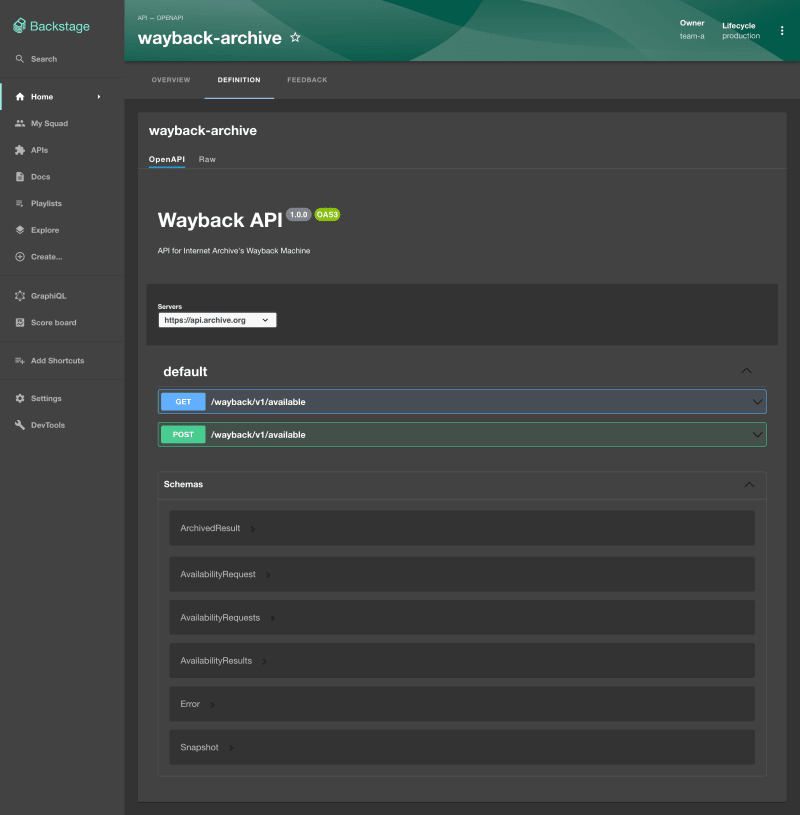[Backstage.io](http://backstage.io/)'s API documentation, offering detailed information about each API's structure and capabilities.