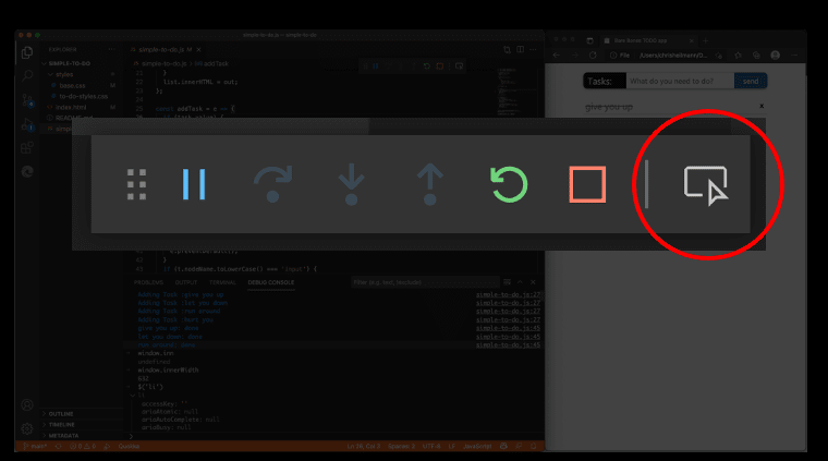 Inspect button in the debug bar of Visual Studio Code