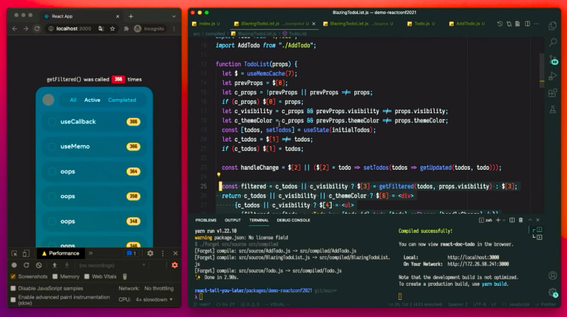 Compiled code in React Forget sneak peek video