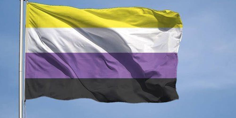 Черно серый фиолетовый флаг. Нон бинари флаг. Флаг небинарных. Желтый белый фиолетовый флаг.