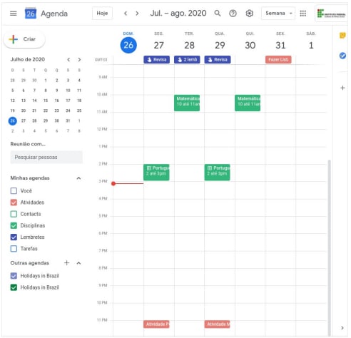 Exemplo de agenda no Google Agenda