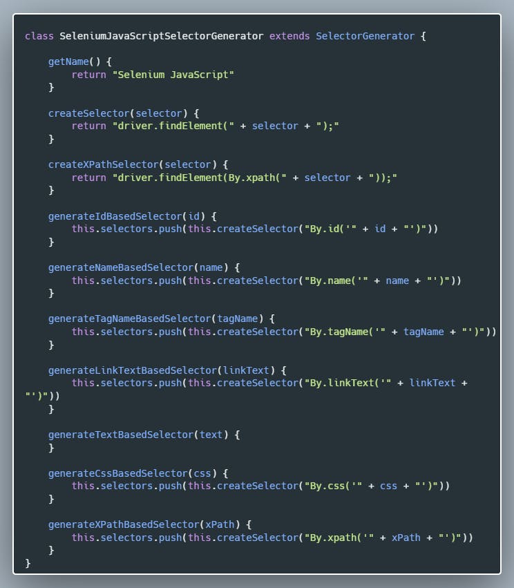 Selenium JavaScript Selector Generator Class JavaScript Source Code