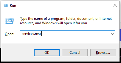 Image of the run dialog with the services.msc command typed into