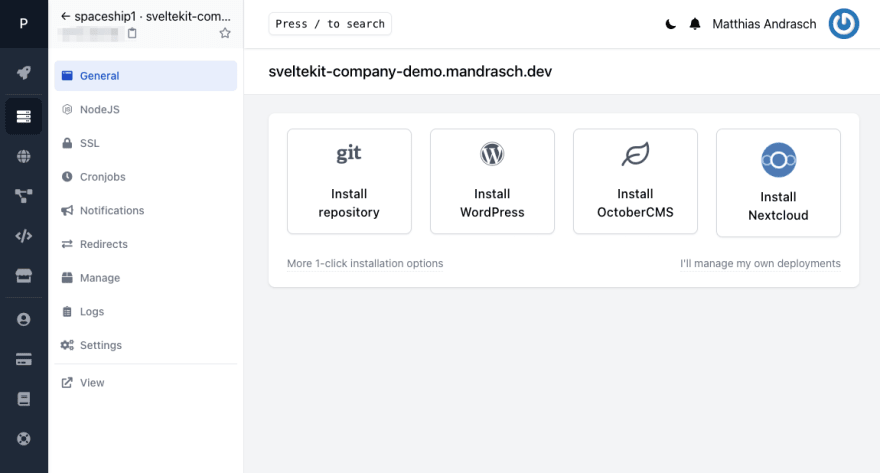 Screenshot ploi site dashboard with install git button