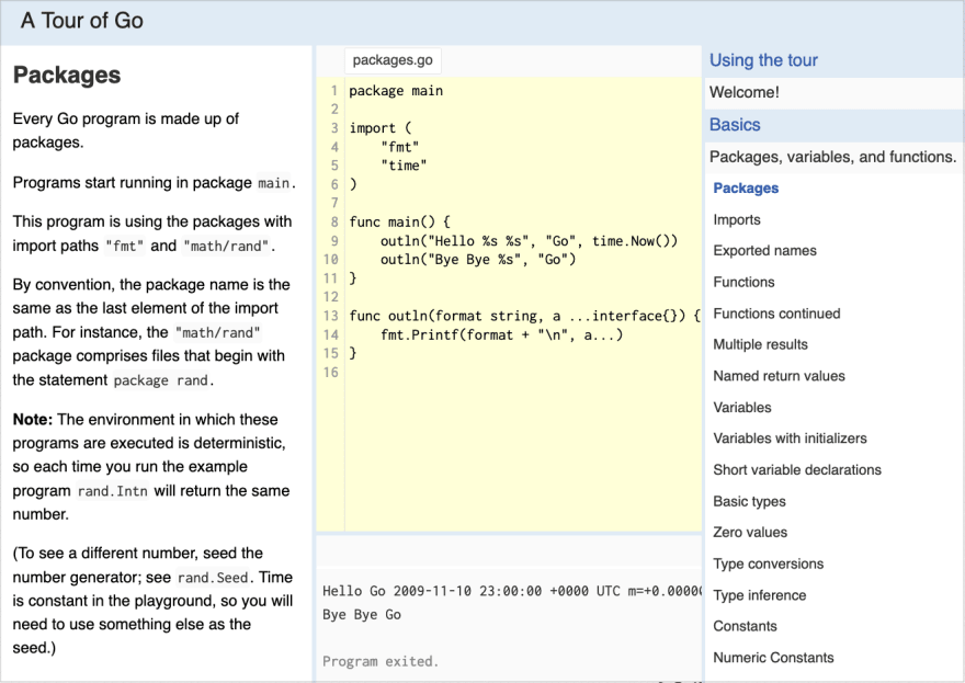 Screenshot of the Go Tour showing code and navigation