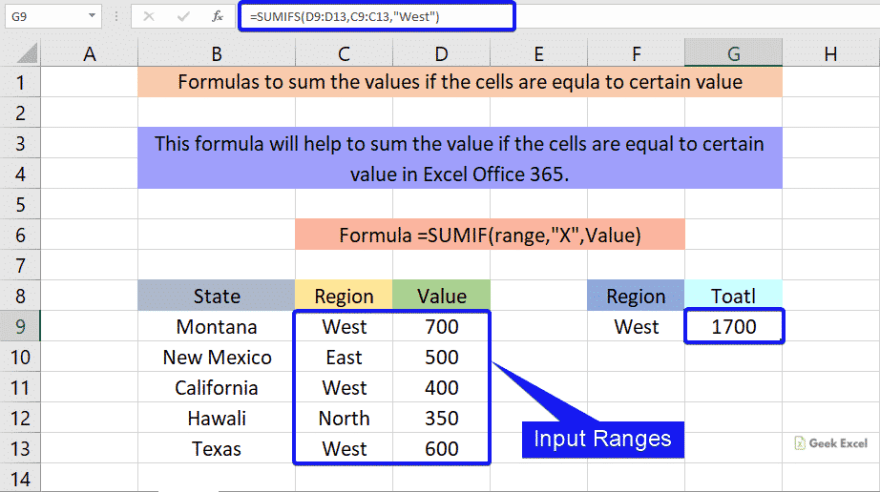 Formulas to sum values equal to