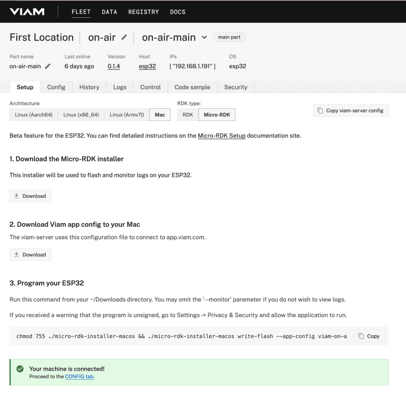 Viam web application setup instructions for installing the micro-RDK onto an ESP32 microcontroller
