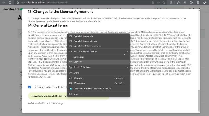 The picture shows a popup that opens to accept Android's terms and conditions and start the Android Studio download