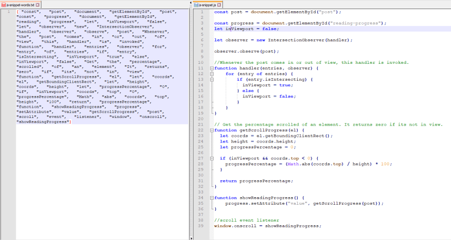 word count for javascript code snippet