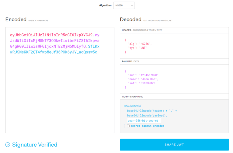 Shows the jwt.io website where you can play with JWTs by encoding and decoding them. You can choose the hashing algorithm.
