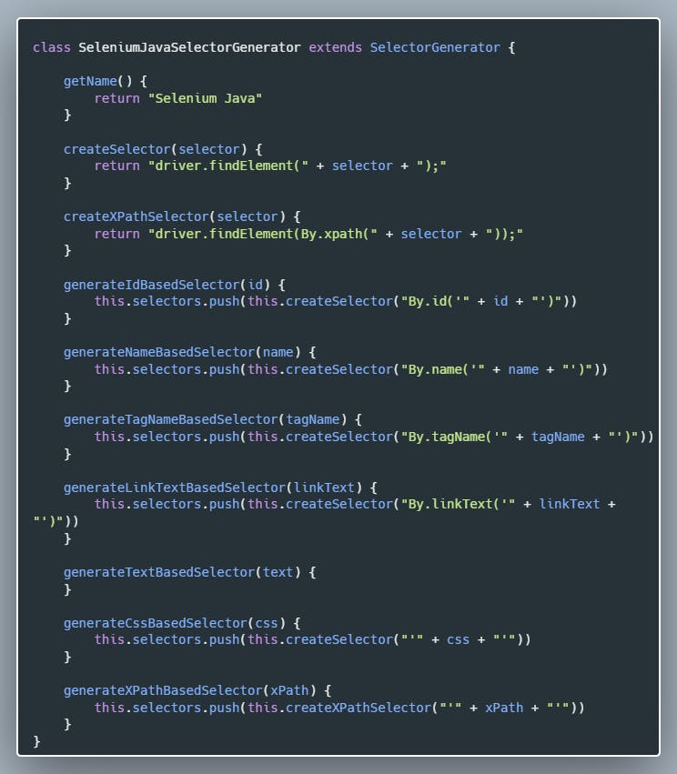 Selenium Java Selector Generator Class JavaScript Source Code