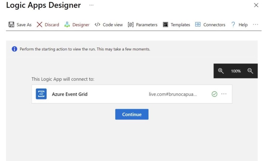 Logic App Designer default view including a trigger from Azure Event Grid