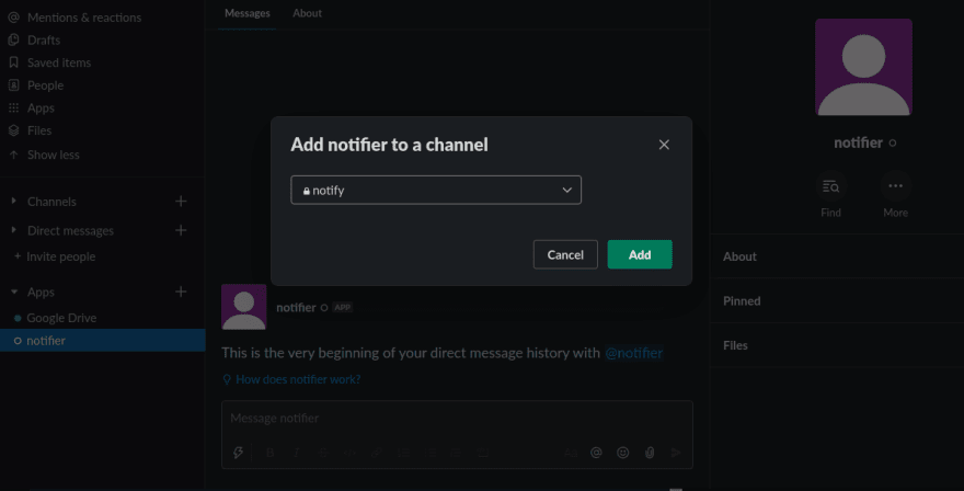 Slack add App to a channel