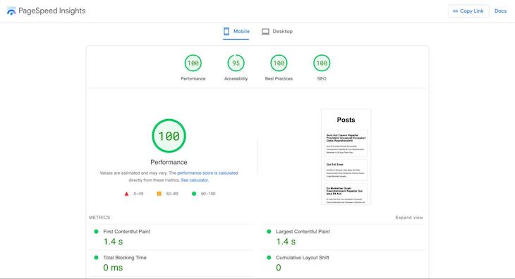 Screenshot Of Lighthouse Scores For Demo App Built With Astro And Svelte Combo