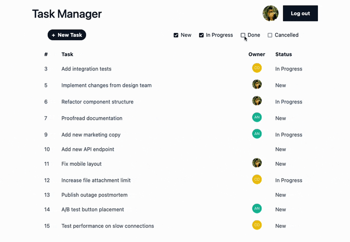 Screen capture of a user checking and unchecking the boxes as before, but now there is no flash of “Loading tasks…” before the new data is shown.