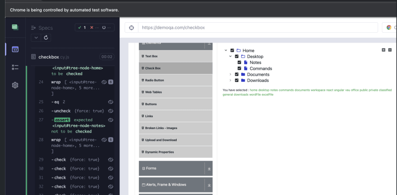 Checkbox actions test - execution results