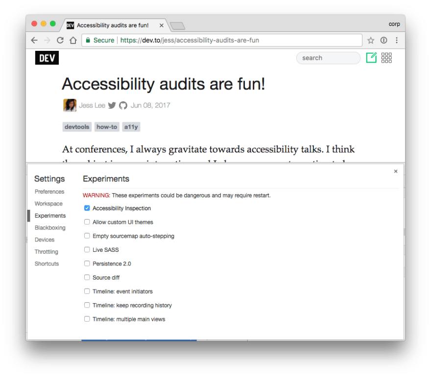 Chrome Dev tools Accessibility inspector showing a button that isn't a button