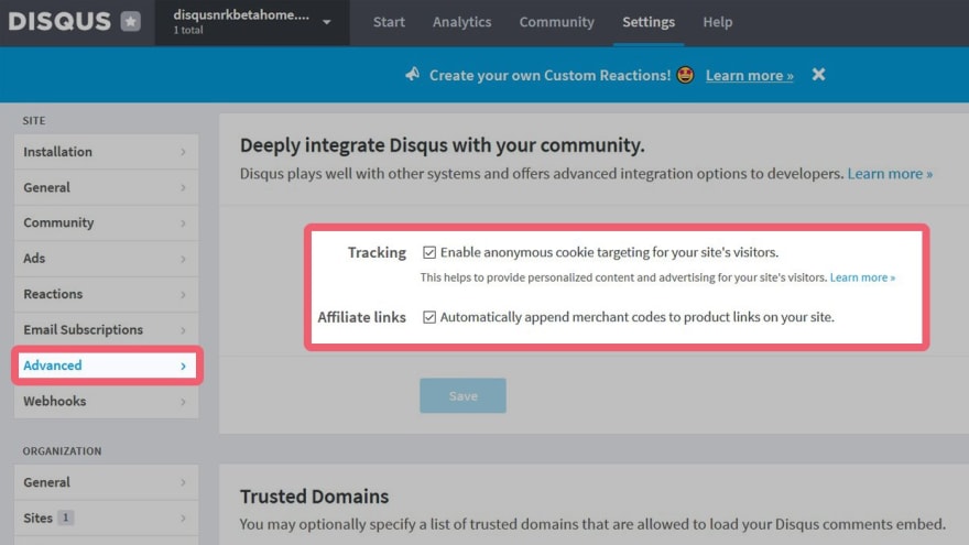 Disqus' tracking options