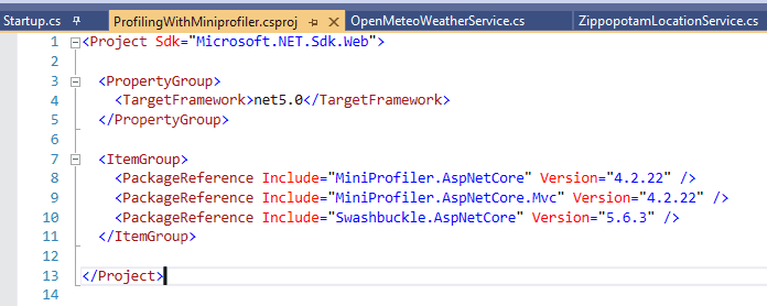 NuGet packages listed in the csproj file