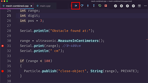 Image of the debug menu with the continue button called out in a red rectangle