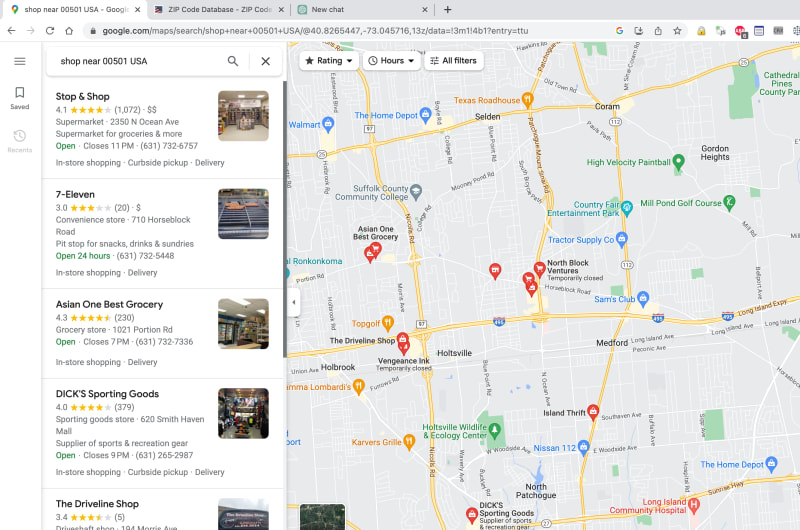 Search shop near 00501 USA in Google Map