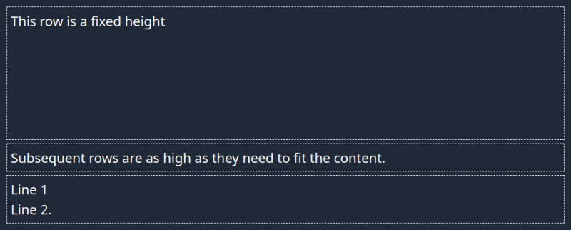 Three rows with content. The first row is a fixed height while the remaining rows adjust to fit their content.