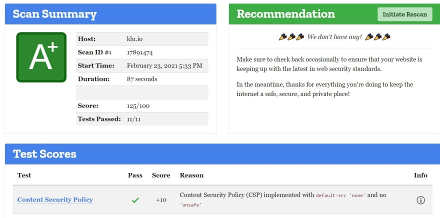 mozilla observatory 125 out of 100, shows full marks for content security policy