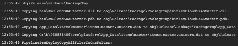 Screenshot of a log output file from the XM Cloud Deploy logs, Build section. One of the visible log lines starts with the text "Copying App_Data\items\master\items.master.unicorn.dat"